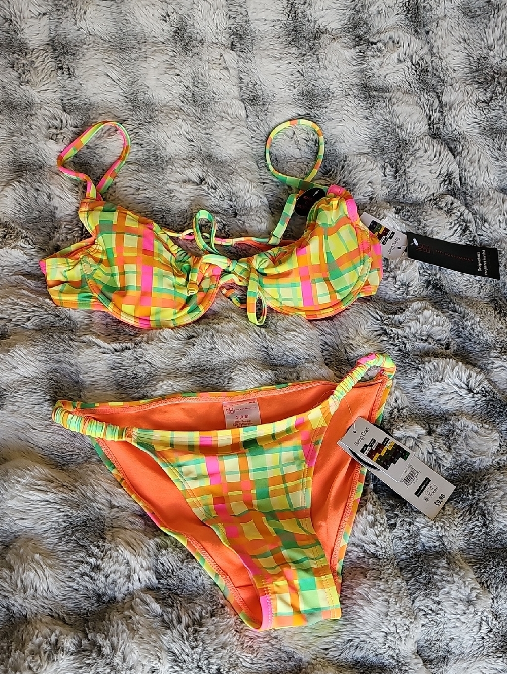 No Boundaries Girls' Plaid Two-Piece Swim Set - Neon Yellow, Orange & Pink